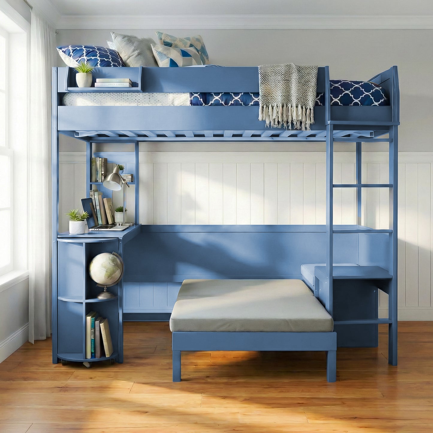 Full Size Wood Loft Bed with Desk, Bedside Storage Shelf, Sofa and Light, Navy Blue image 1