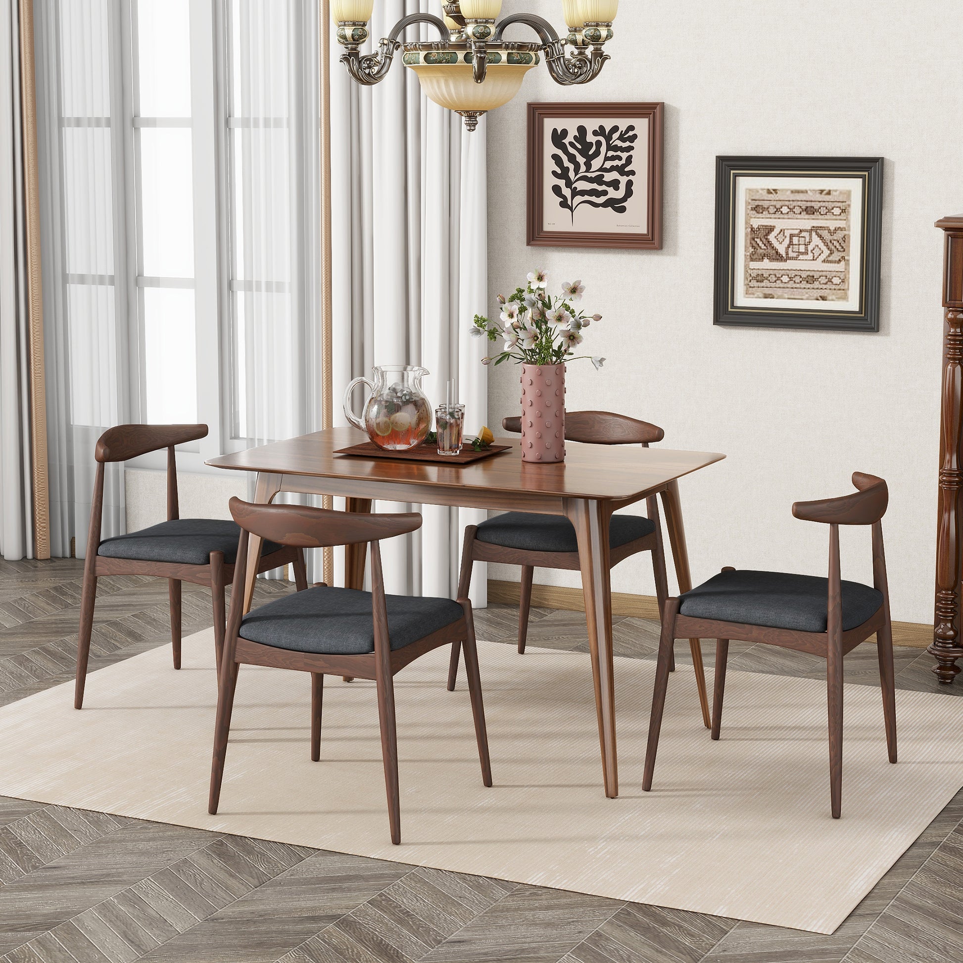 [Video] 5-Piece Dining Set 1 Table 4 Chairs, Rubberwood Frame, Faux Wood Tabletop, Retro - Elegant for Kitchen & Family Dining, Walnut+Charcoal (same sku: N759S002001F) image 1