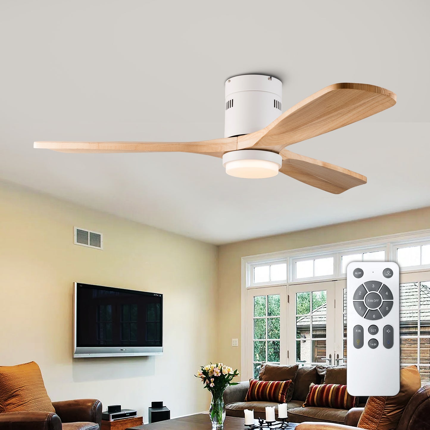 52 inch Low Profile Ceiling fan with Light and Remote Control, Flush Mount, Reversible, 3CCT, Dimmable, Noiseless, Ceiling Fan for Bedroom, Indoor/Outdoor Use image 1