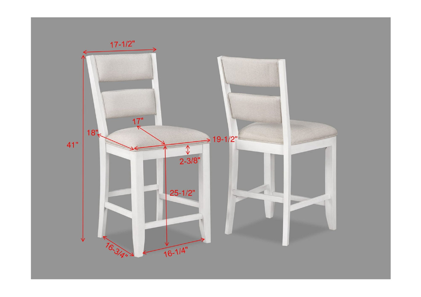 2pc Set White Farmhouse Style Ladder Back Counter Height Side Chair Stool Cream Color Upholstered Seat and Back Dining R image 5