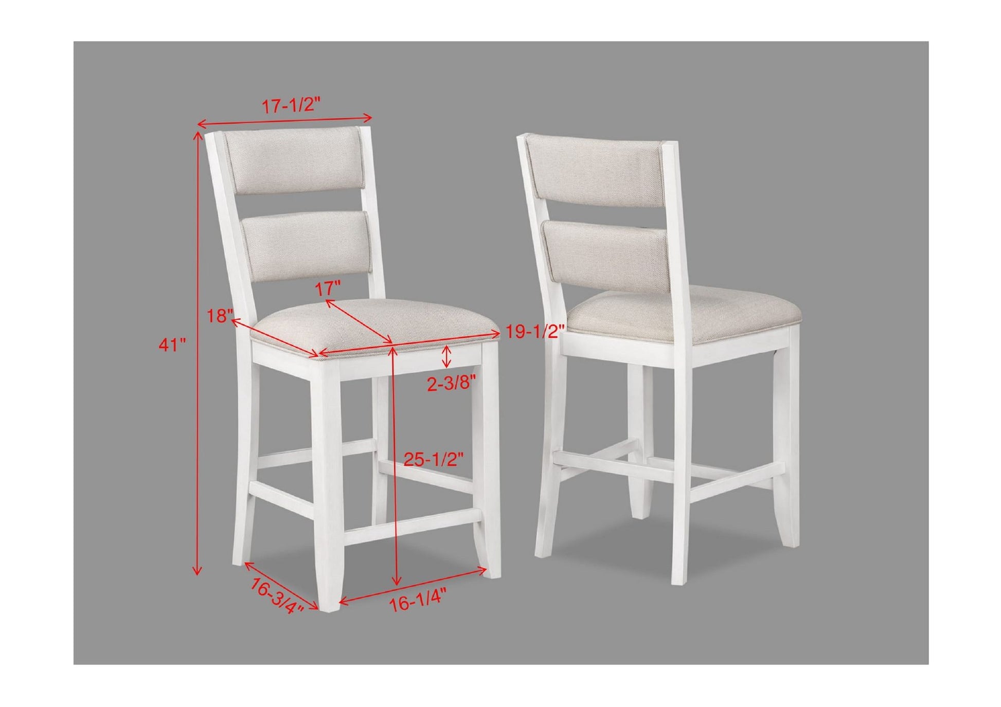 2pc Set White Farmhouse Style Ladder Back Counter Height Side Chair Stool Cream Color Upholstered Seat and Back Dining R image 5