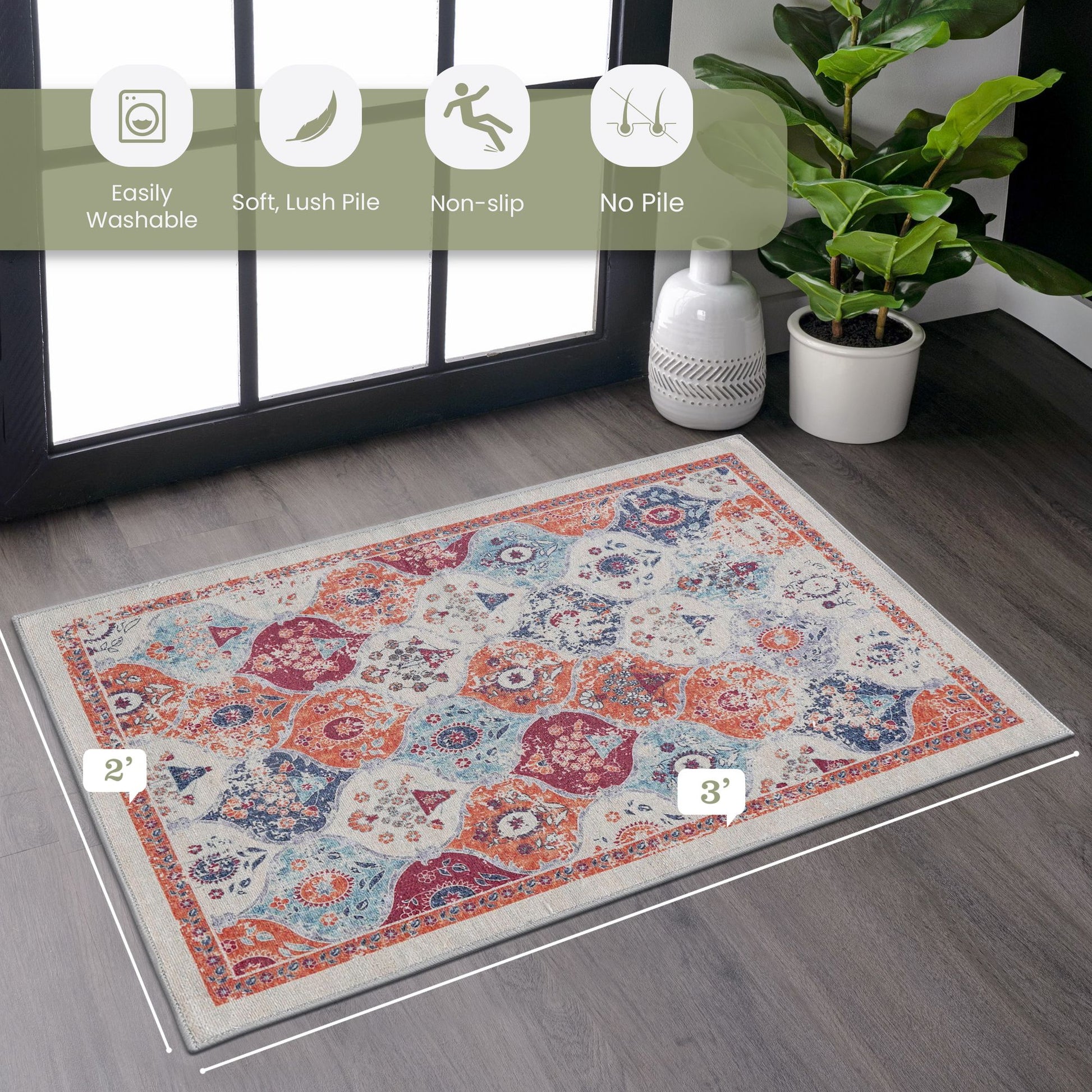 2x3 Cream Area Rug, Washable Area Rugs, Low-Pile, Non-Slip, Non-Shedding, Foldable, Kid&Pet Friendly, Area Rugs for livi image 2