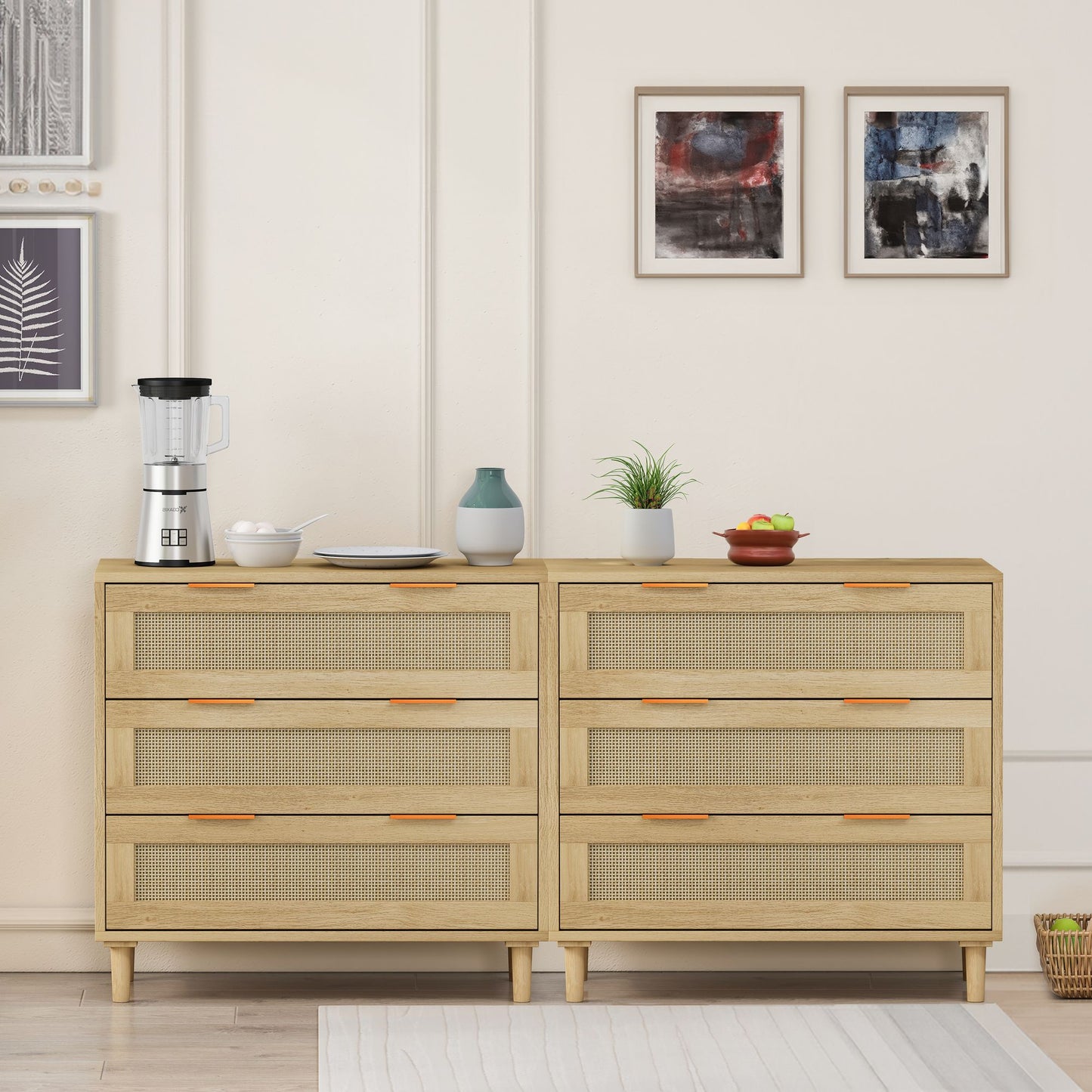 3-Drawers Rattan Storage Cabinet Rattan Drawer (Set of 2),for Bedroom,Living Room,Dining Room,Hallways,Oak image 3