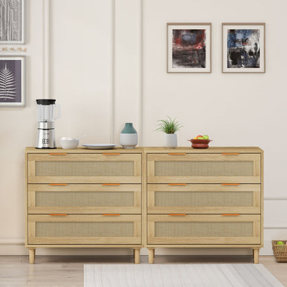 3-Drawers Rattan Storage Cabinet Rattan Drawer (Set of 2),for Bedroom,Living Room,Dining Room,Hallways,Oak image 3