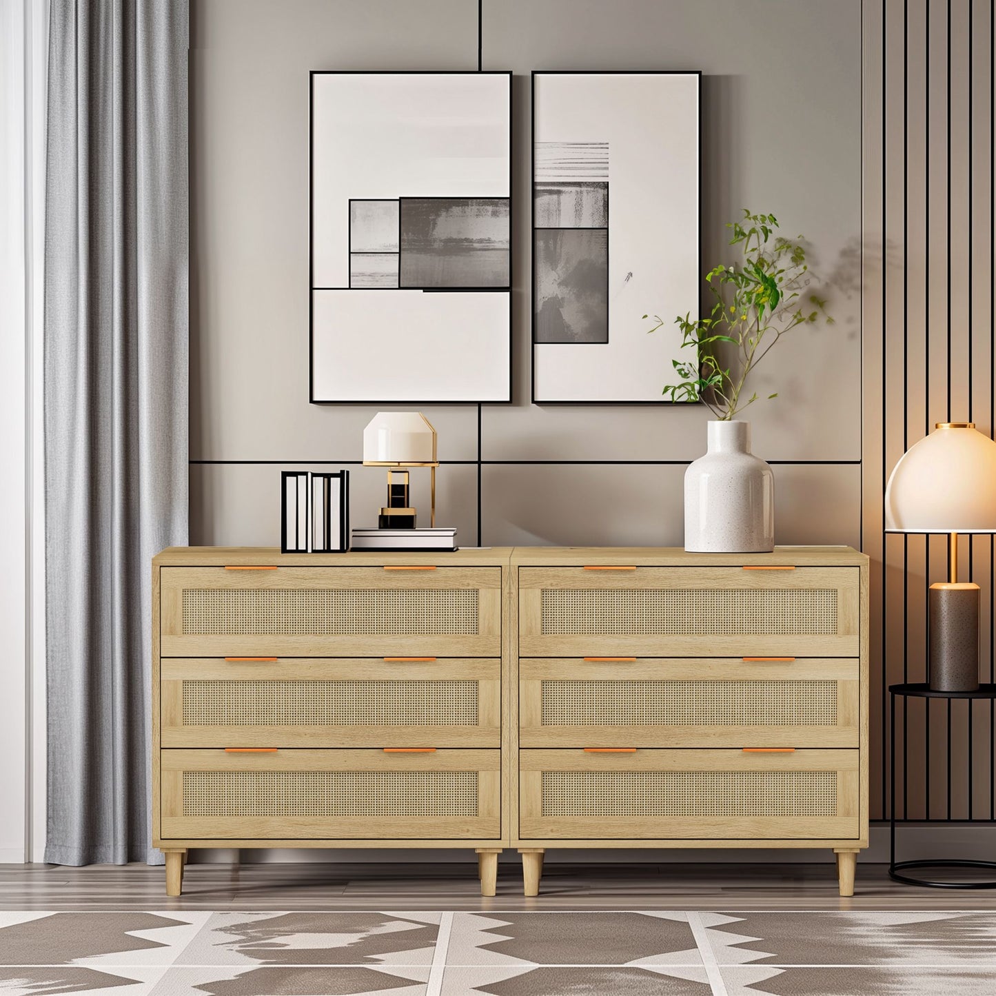 3-Drawers Rattan Storage Cabinet Rattan Drawer (Set of 2),for Bedroom,Living Room,Dining Room,Hallways,Oak image 1