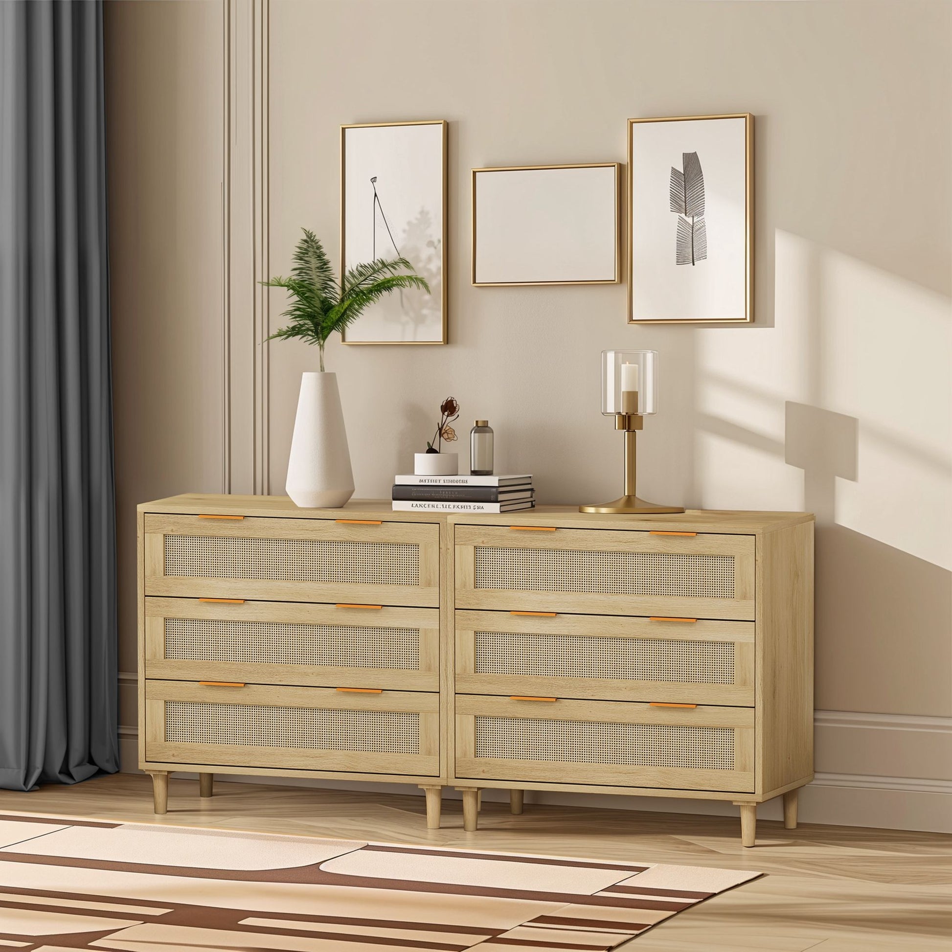 3-Drawers Rattan Storage Cabinet Rattan Drawer (Set of 2),for Bedroom,Living Room,Dining Room,Hallways,Oak image 2