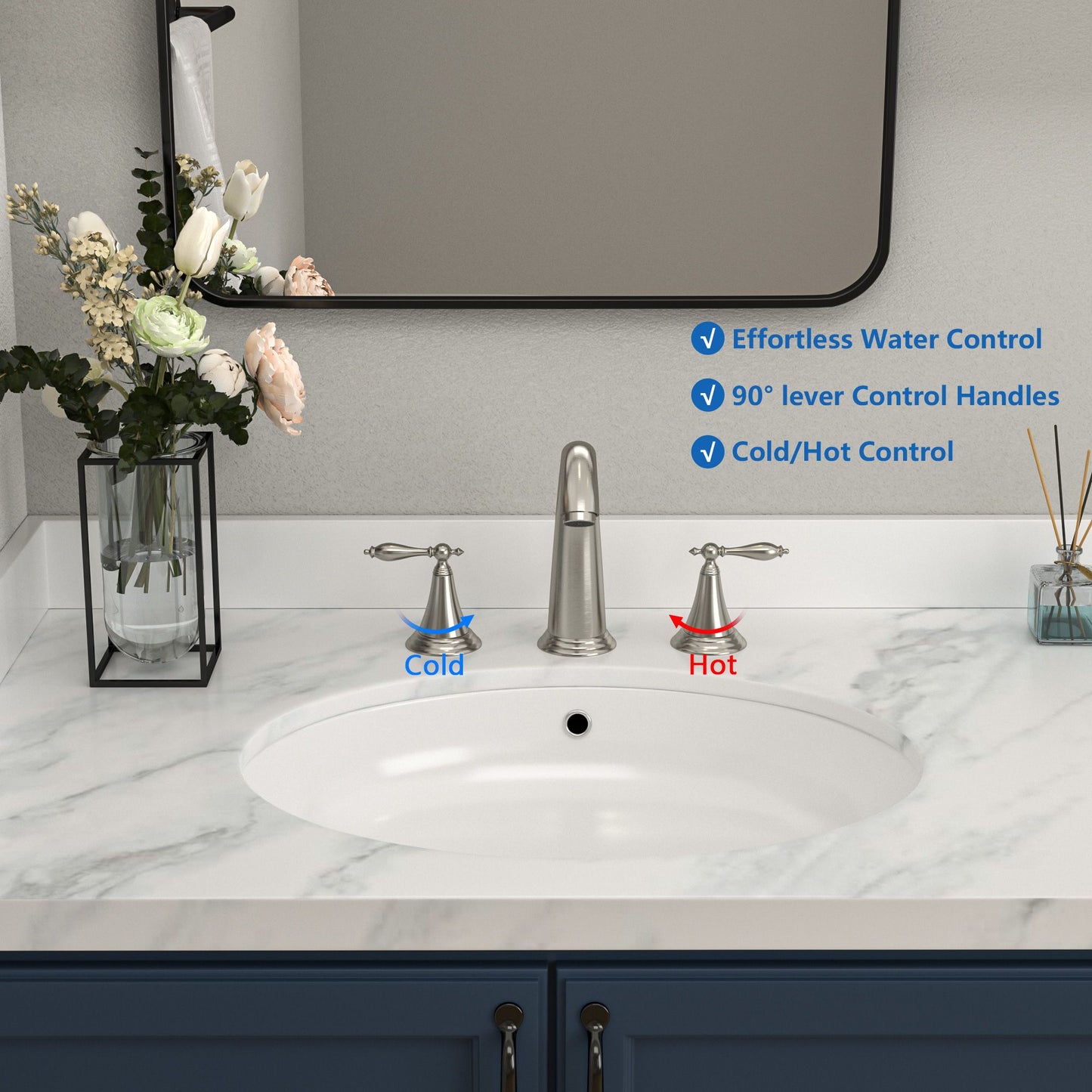 3-hole 2-handle Widespread Lavatory Vanity Faucet Bathroom Vessel Basin Faucet with Pop-up drain, Water Supply Hoses image 12