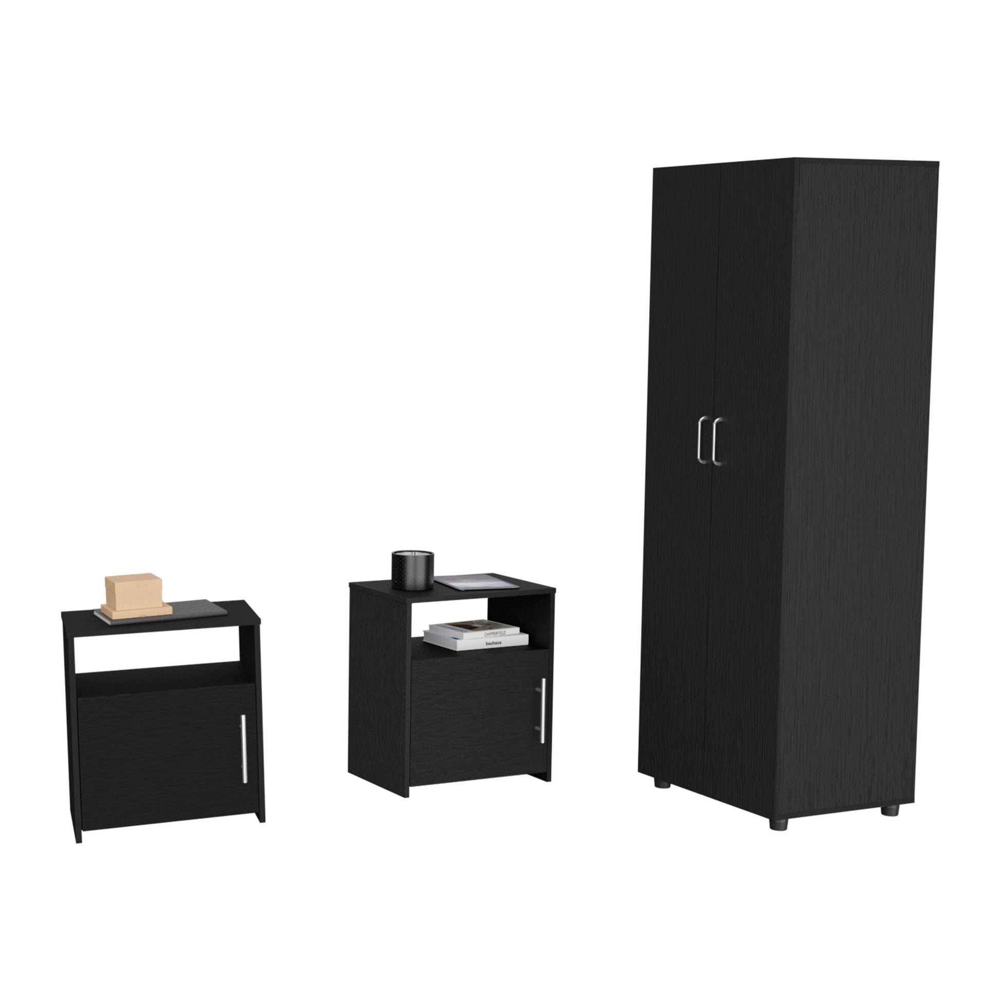 3 Piece Bedroom Set, London Armoire + 2 Omaha Nightstands, Black image 2