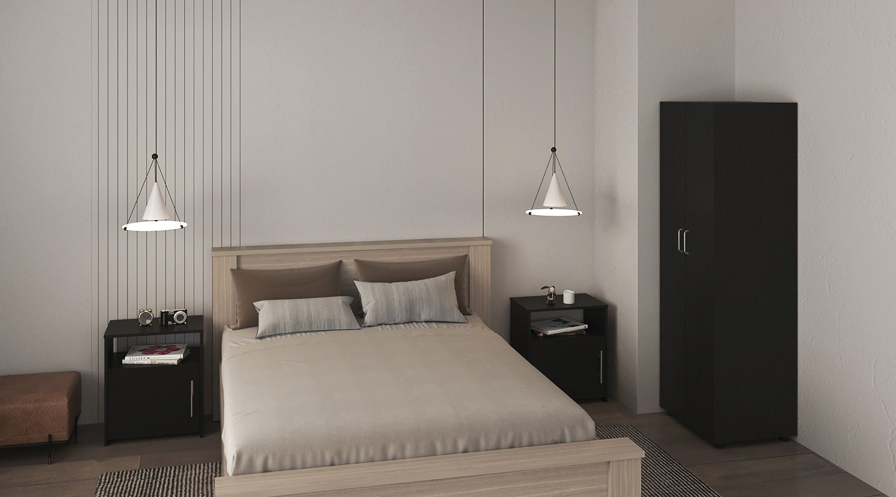 3 Piece Bedroom Set, London Armoire + 2 Omaha Nightstands, Black image 1