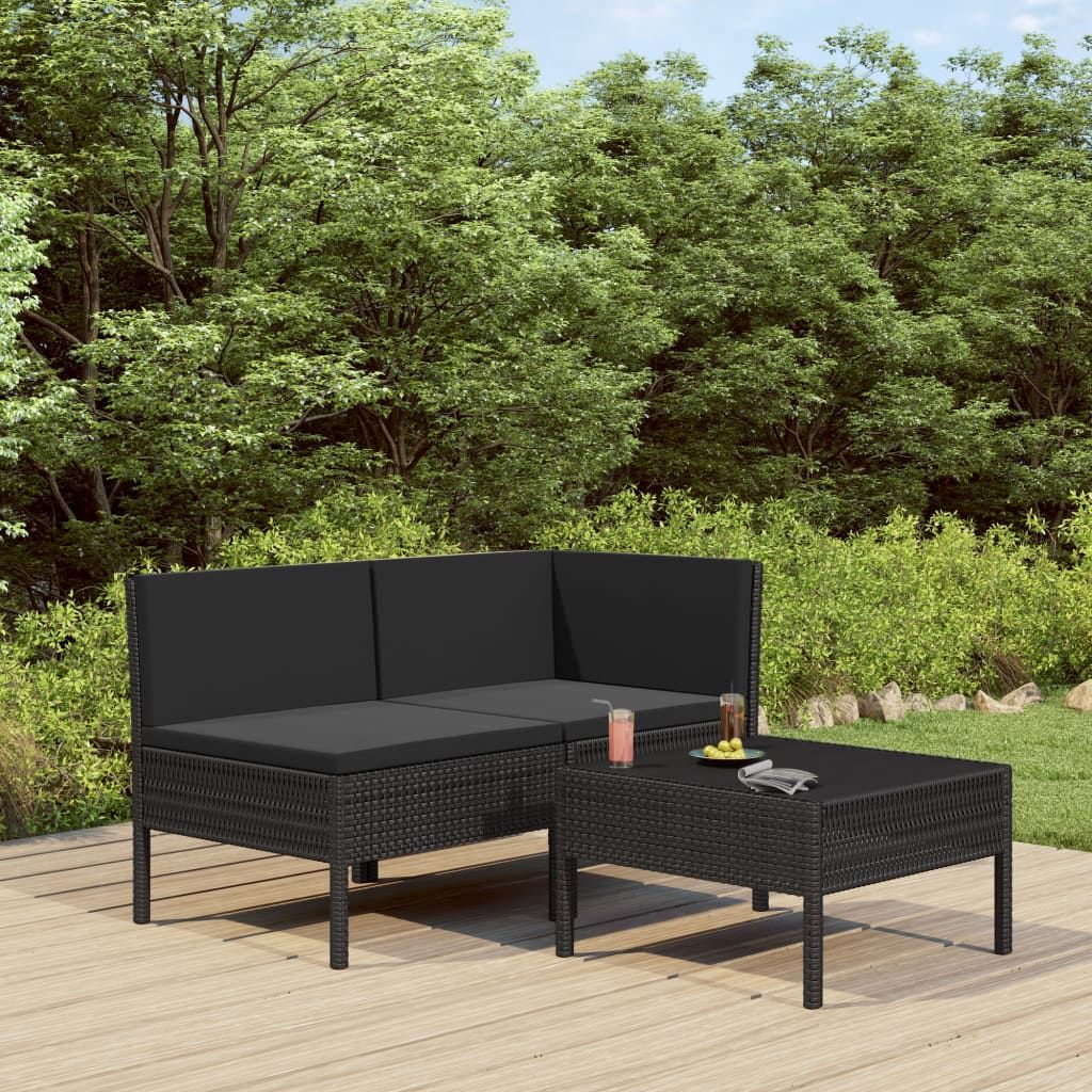 3 Piece Patio Lounge Set with Cushions Poly Rattan Black image 1