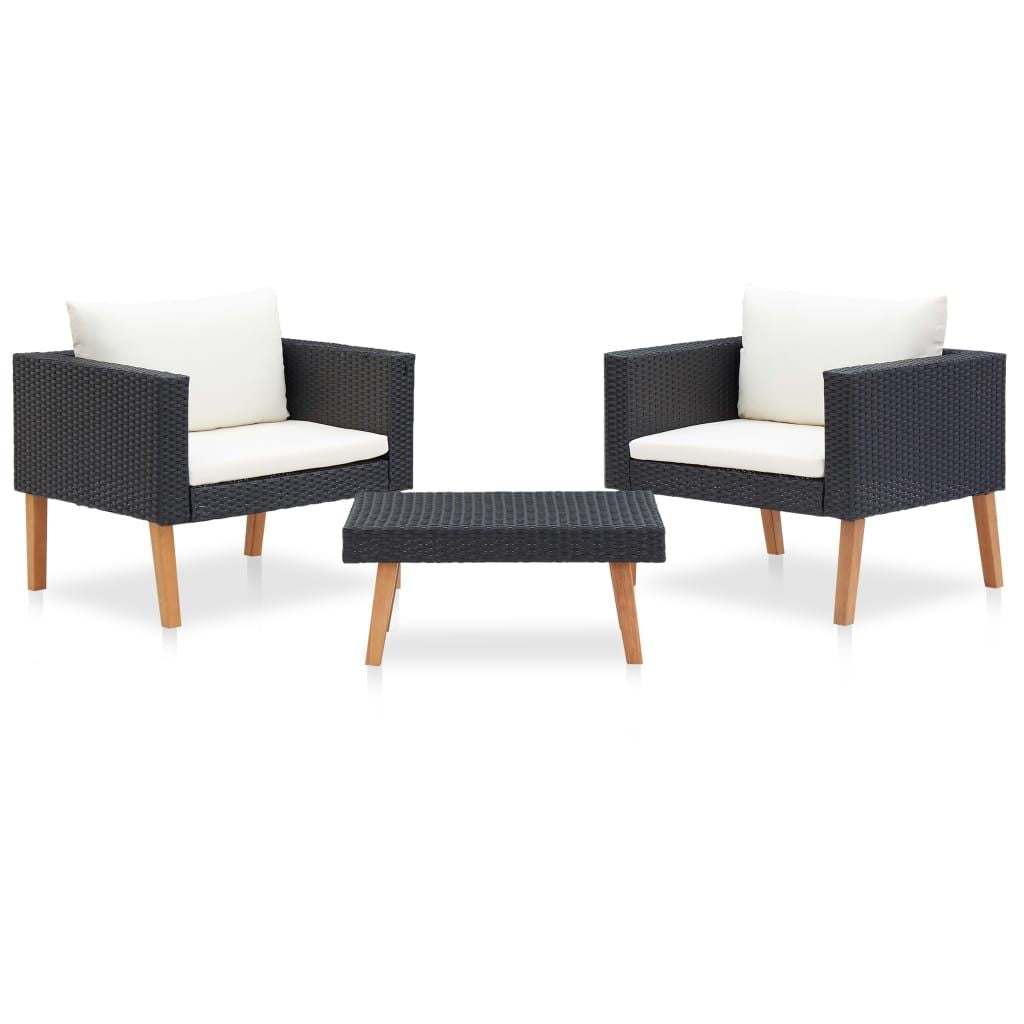 3 Piece Patio Lounge Set with Cushions Poly Rattan Black image 1