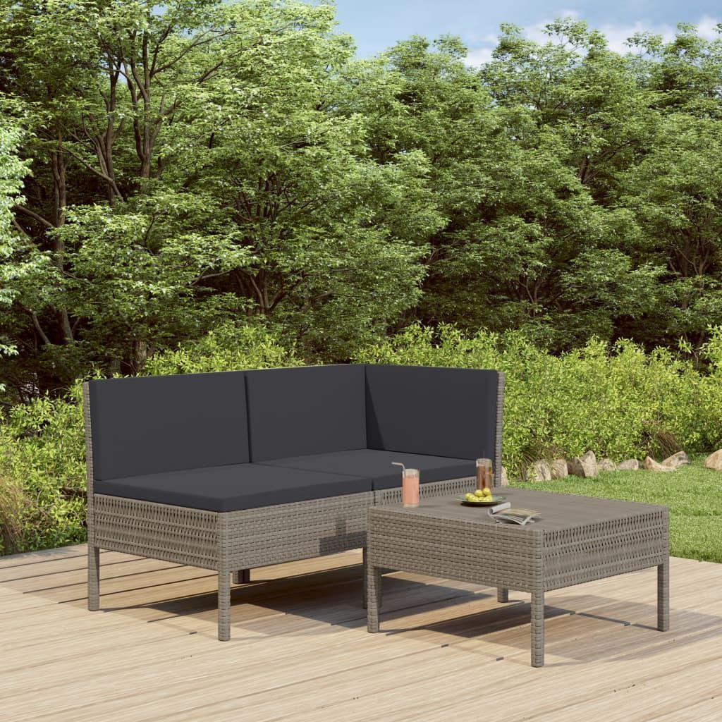 3 Piece Patio Lounge Set with Cushions Poly Rattan Gray image 1