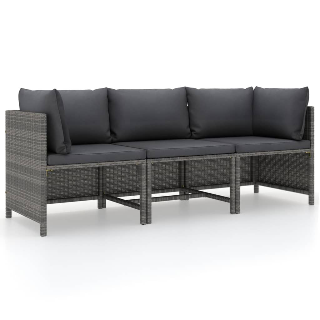 3-Seater Patio Sofa with Cushions Gray Poly Rattan image 1
