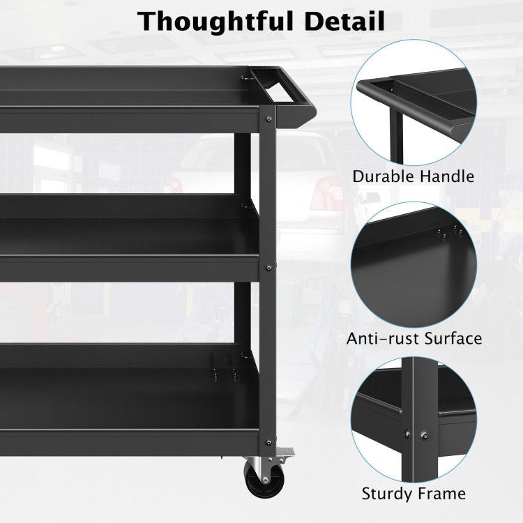 3-Tier Metal Utility Cart Trolley Tool with Flat Handle and 2 Lockable Universal Wheels image 9