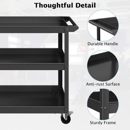 3-Tier Metal Utility Cart Trolley Tool with Flat Handle and 2 Lockable Universal Wheels image 9