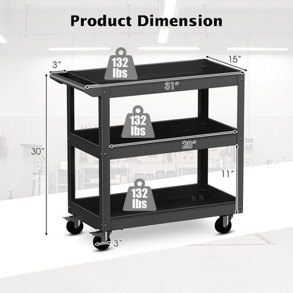 3-Tier Metal Utility Cart Trolley Tool with Flat Handle and 2 Lockable Universal Wheels image 5