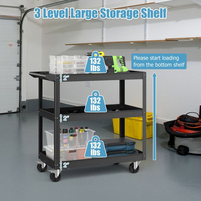 3-Tier Metal Utility Cart Trolley Tool with Flat Handle and 2 Lockable Universal Wheels image 8