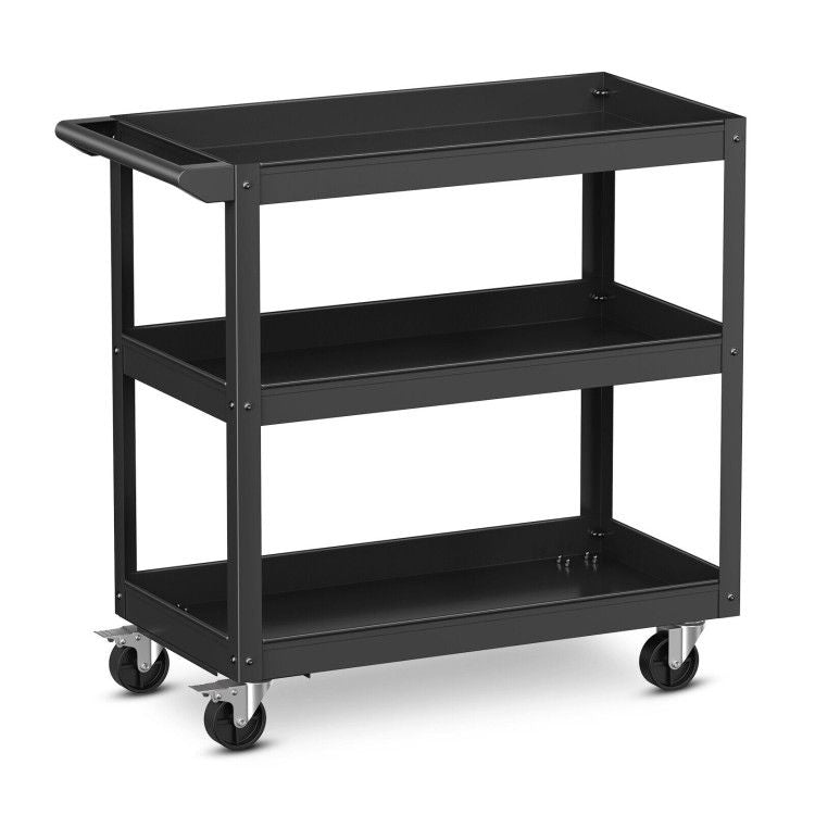 3-Tier Metal Utility Cart Trolley Tool with Flat Handle and 2 Lockable Universal Wheels image 1