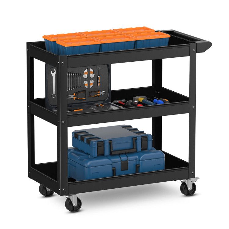 3-Tier Metal Utility Cart Trolley Tool with Flat Handle and 2 Lockable Universal Wheels image 4