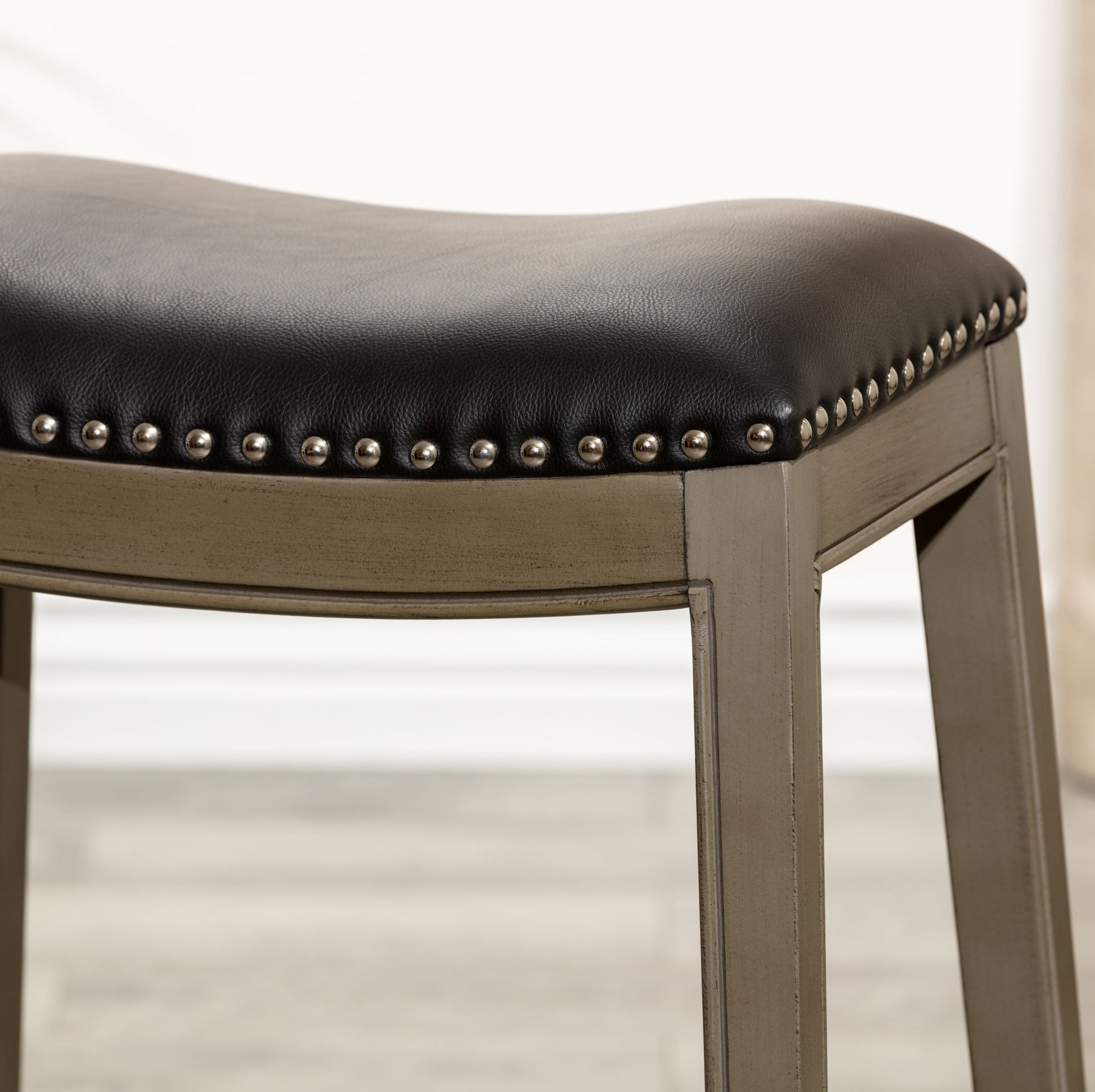 30" Bar Height Saddle Stool, Weathered Gray Finish, Black Leather Seat image 4