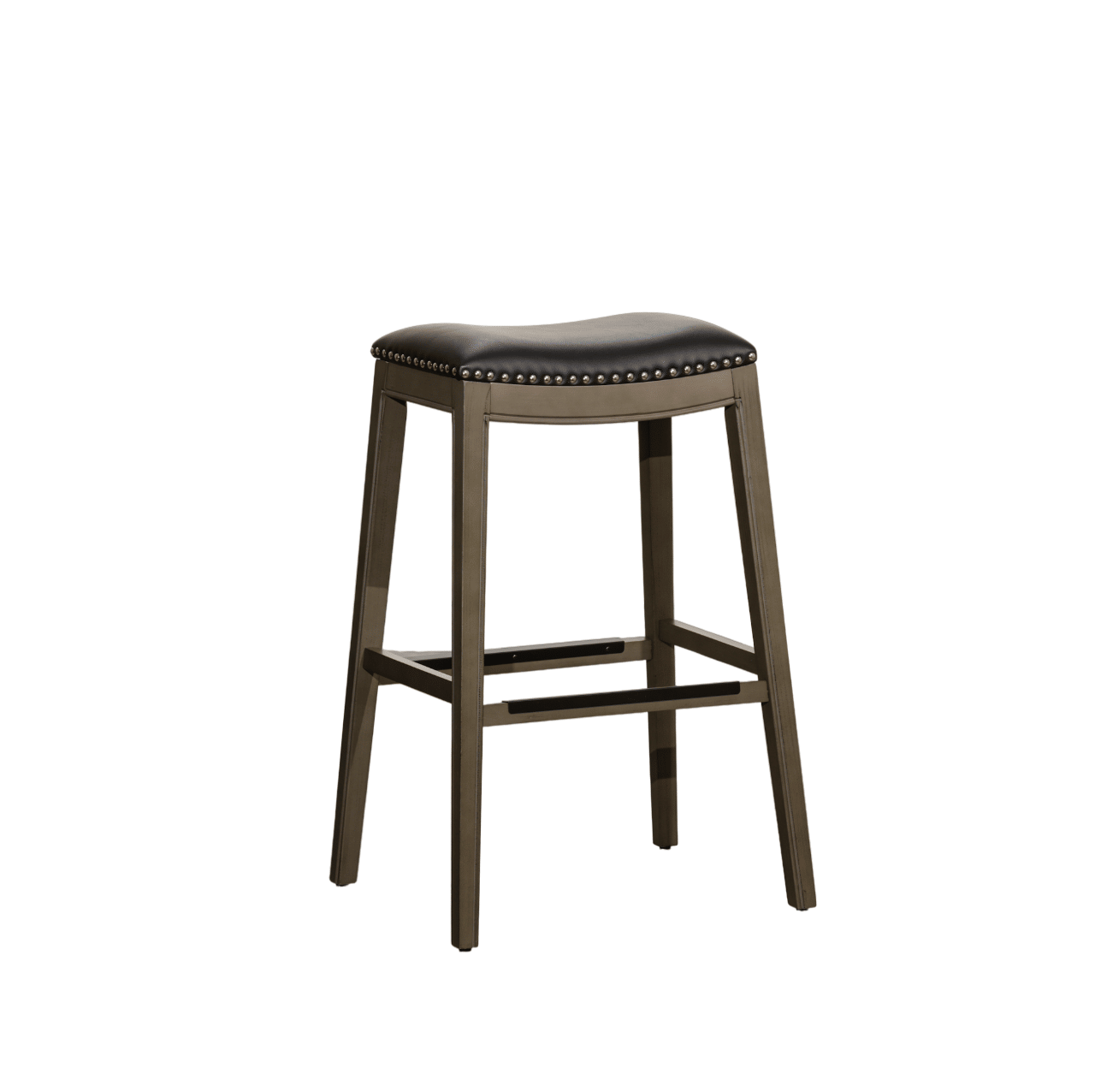30" Bar Height Saddle Stool, Weathered Gray Finish, Black Leather Seat image 1