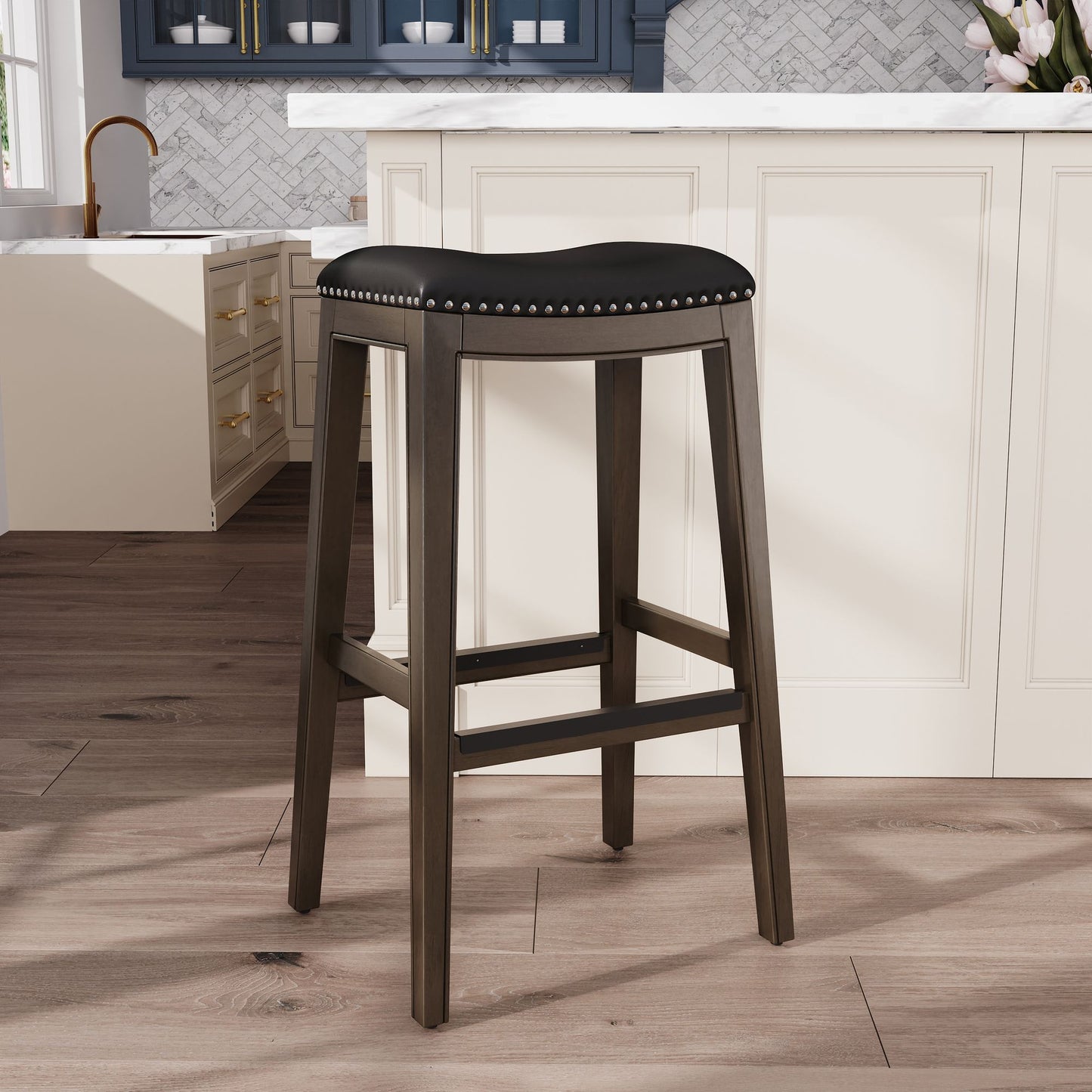 30" Bar Height Saddle Stool, Weathered Gray Finish, Black Leather Seat image 7
