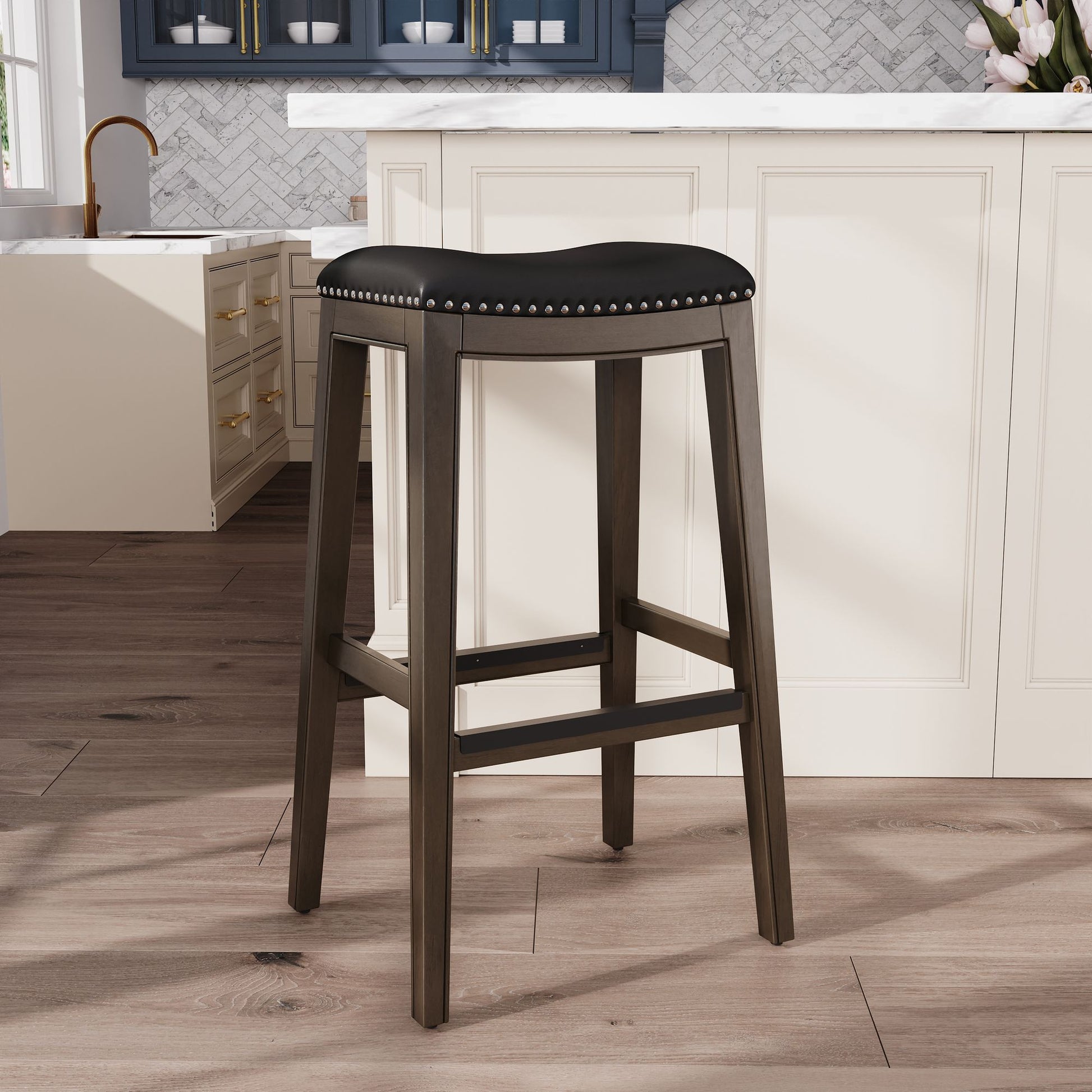 30" Bar Height Saddle Stool, Weathered Gray Finish, Black Leather Seat image 7