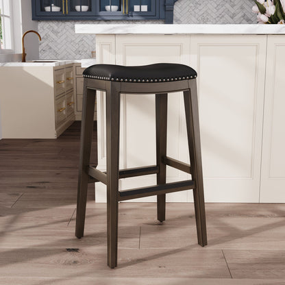 30" Bar Height Saddle Stool, Weathered Gray Finish, Black Leather Seat image 7