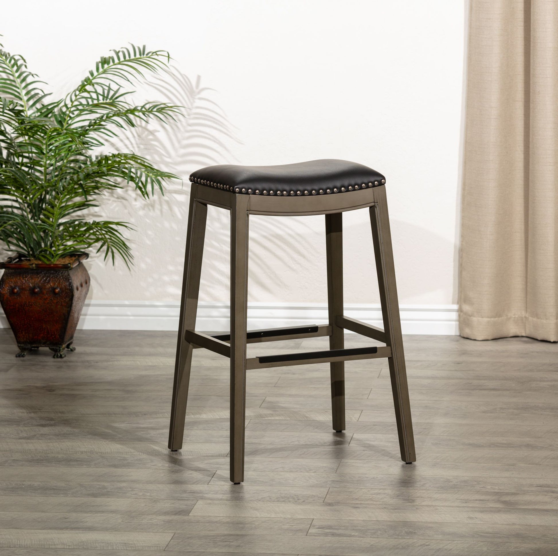 30" Bar Height Saddle Stool, Weathered Gray Finish, Black Leather Seat image 2