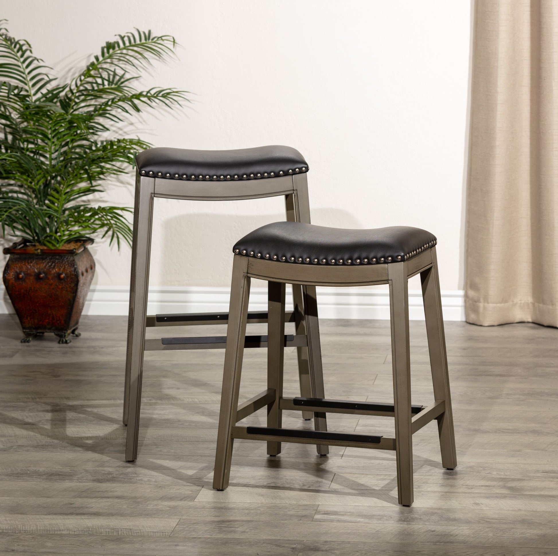 30" Bar Height Saddle Stool, Weathered Gray Finish, Black Leather Seat image 3