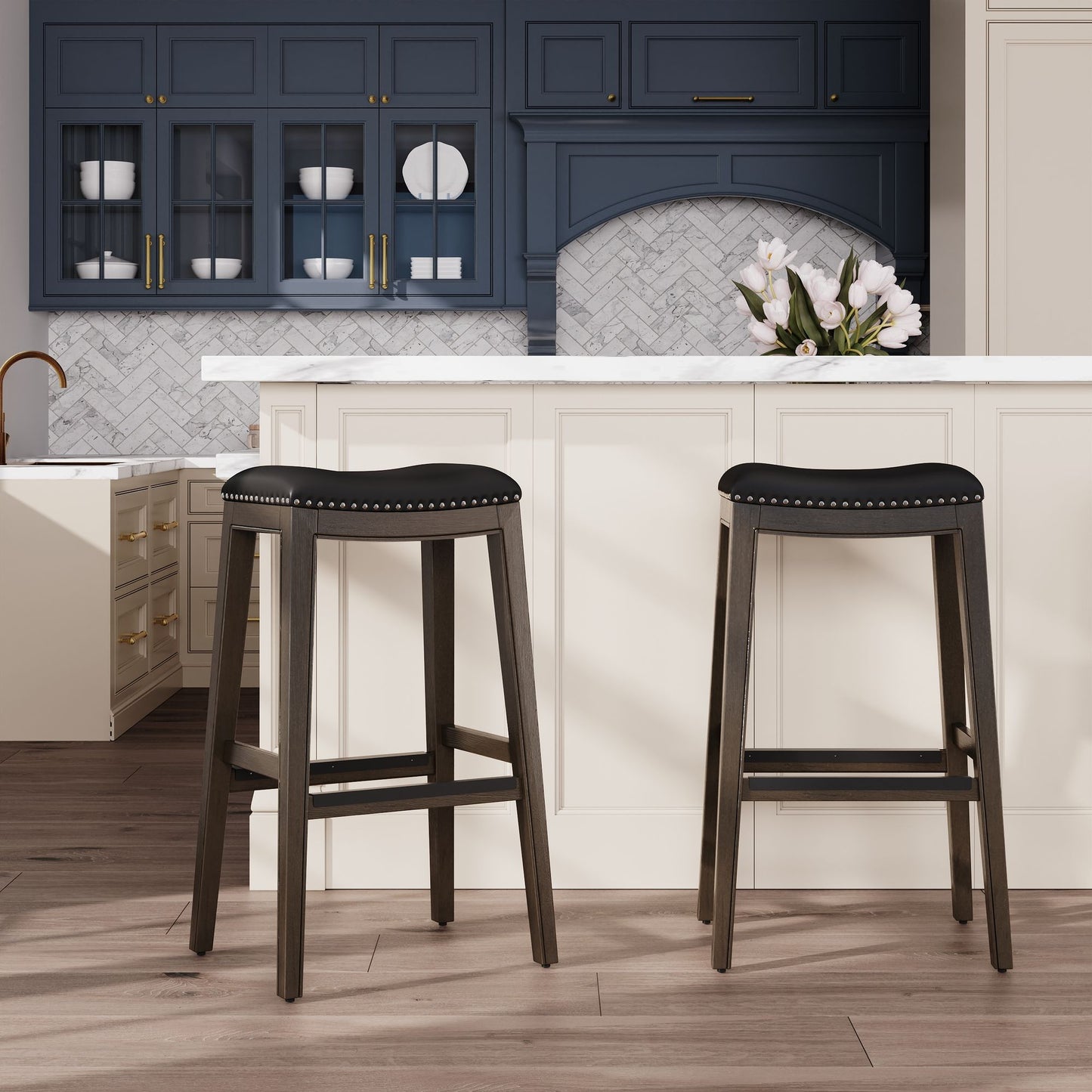 30" Bar Height Saddle Stool, Weathered Gray Finish, Black Leather Seat image 8