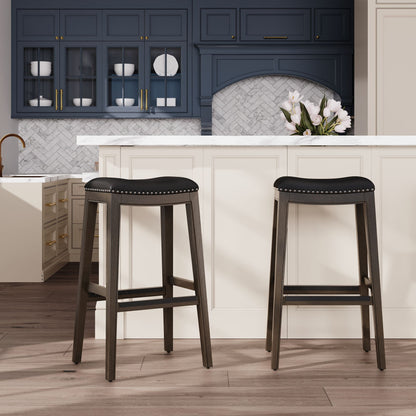 30" Bar Height Saddle Stool, Weathered Gray Finish, Black Leather Seat image 8