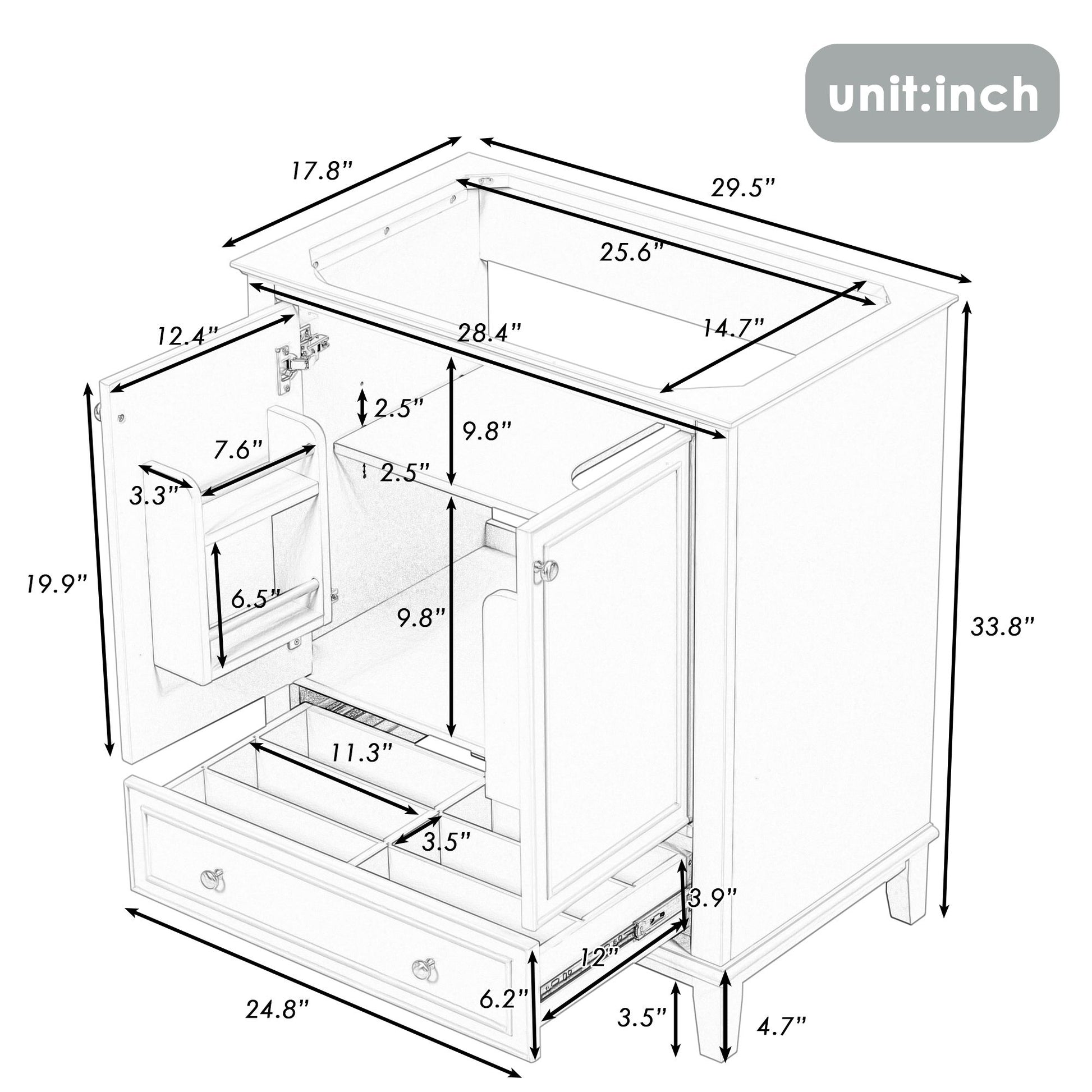 30" Bathroom Vanity without Sink, Base Only, Multi-functional Bathroom Cabinet with Doors and Drawer, Solid Frame and MD image 7
