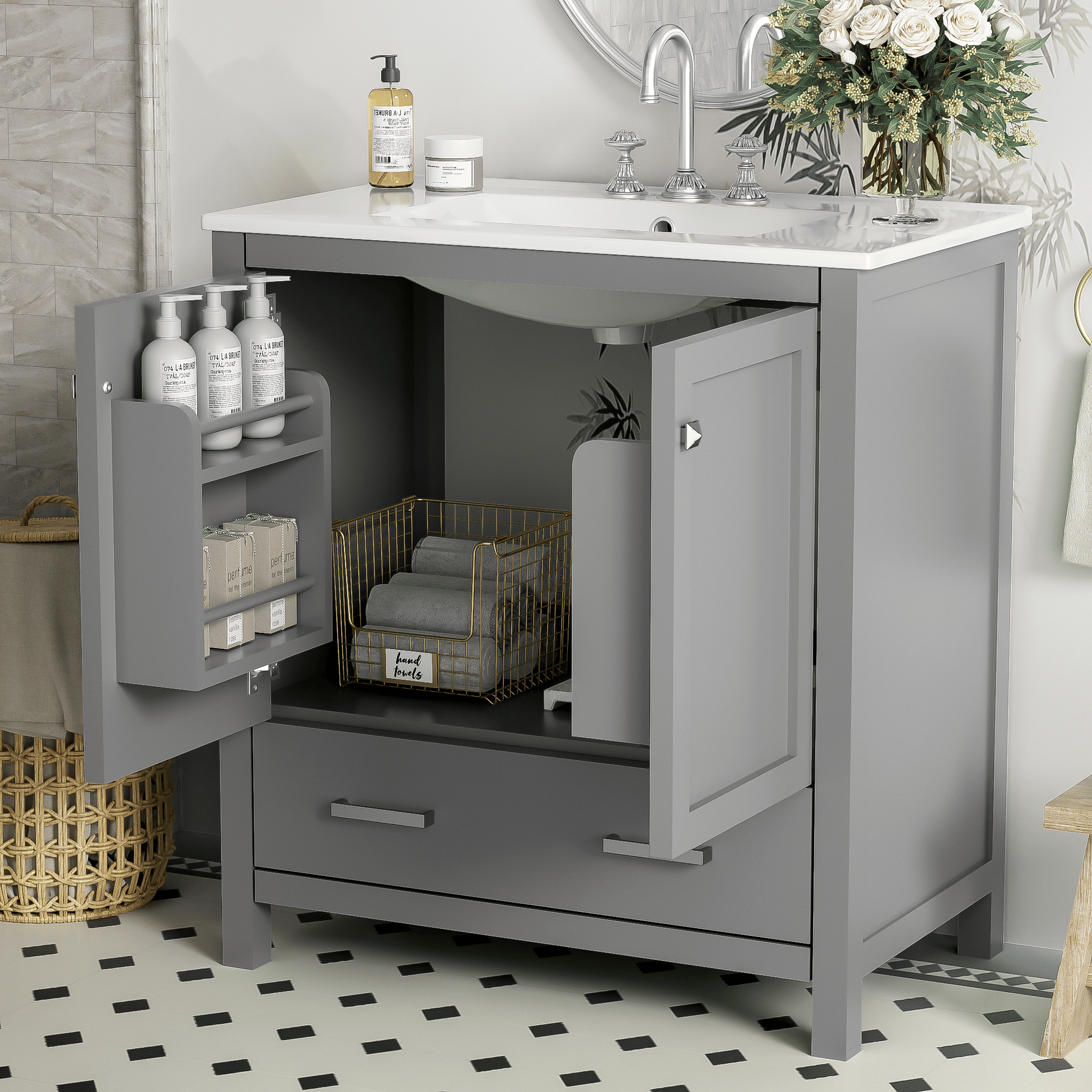 30" Gray Bathroom Vanity with Single Sink, Combo Cabinet Undermount Sink, Bathroom Storage Cabinet with 2 Doors and a Dr image 2