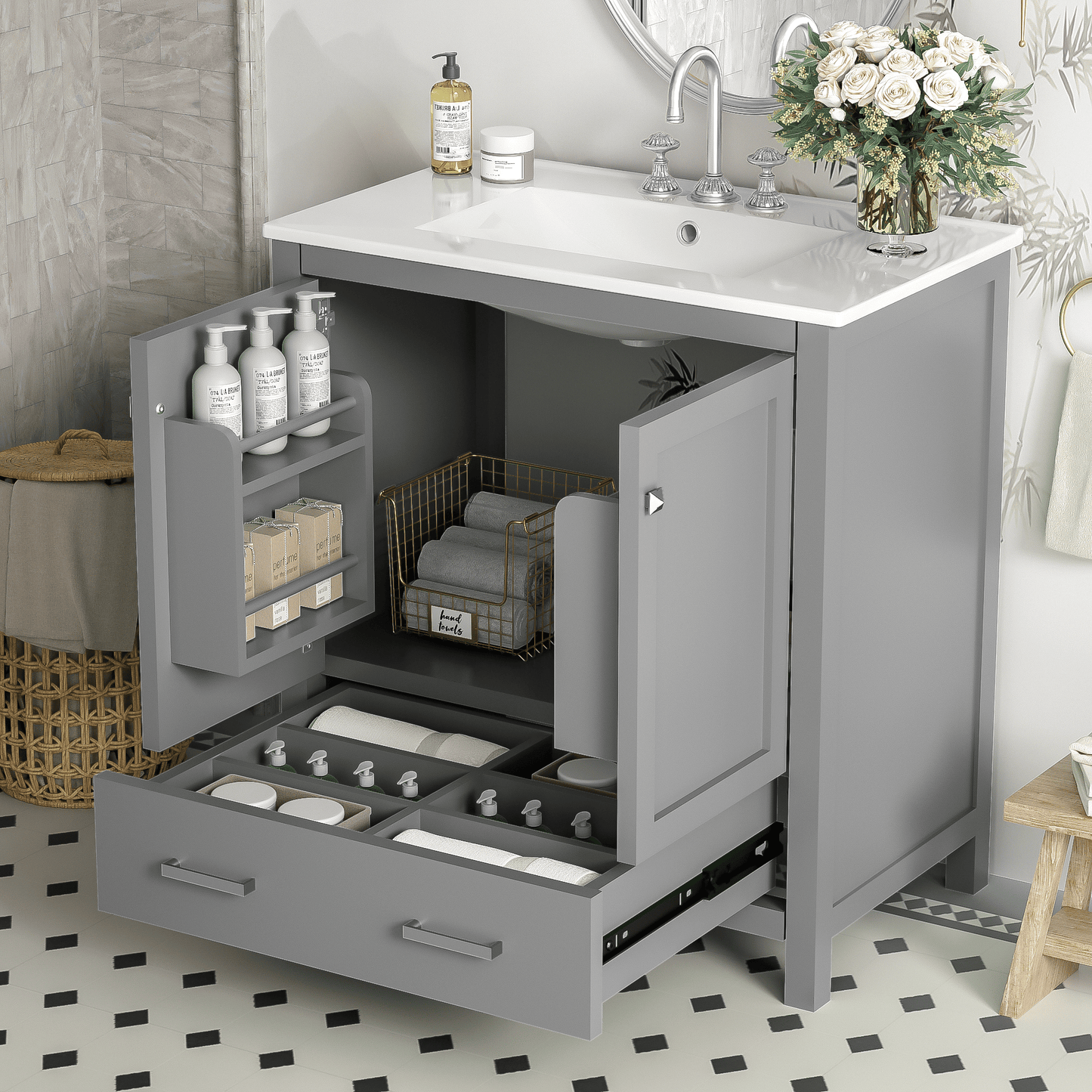 30" Gray Bathroom Vanity with Single Sink, Combo Cabinet Undermount Sink, Bathroom Storage Cabinet with 2 Doors and a Dr image 1