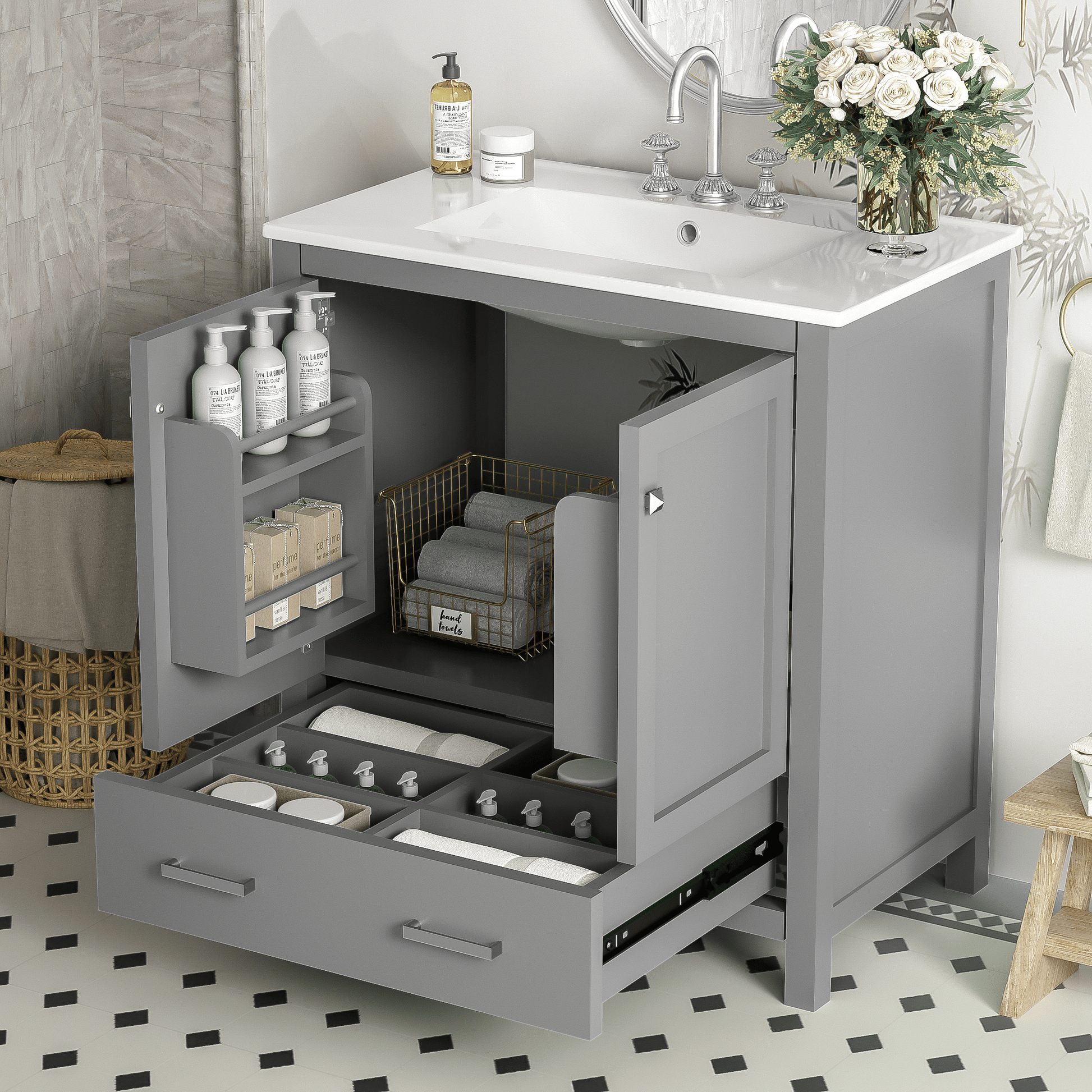 30" Gray Bathroom Vanity with Single Sink, Combo Cabinet Undermount Sink, Bathroom Storage Cabinet with 2 Doors and a Dr image 1