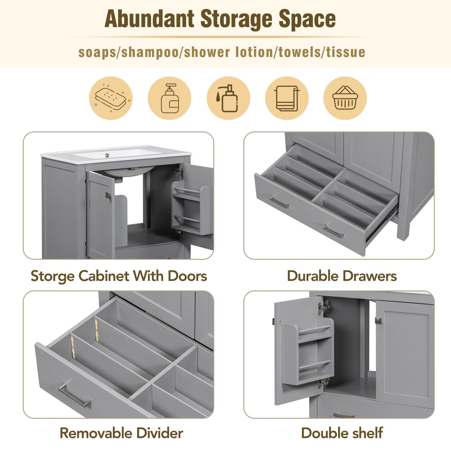 30" Gray Bathroom Vanity with Single Sink, Combo Cabinet Undermount Sink, Bathroom Storage Cabinet with 2 Doors and a Dr image 5