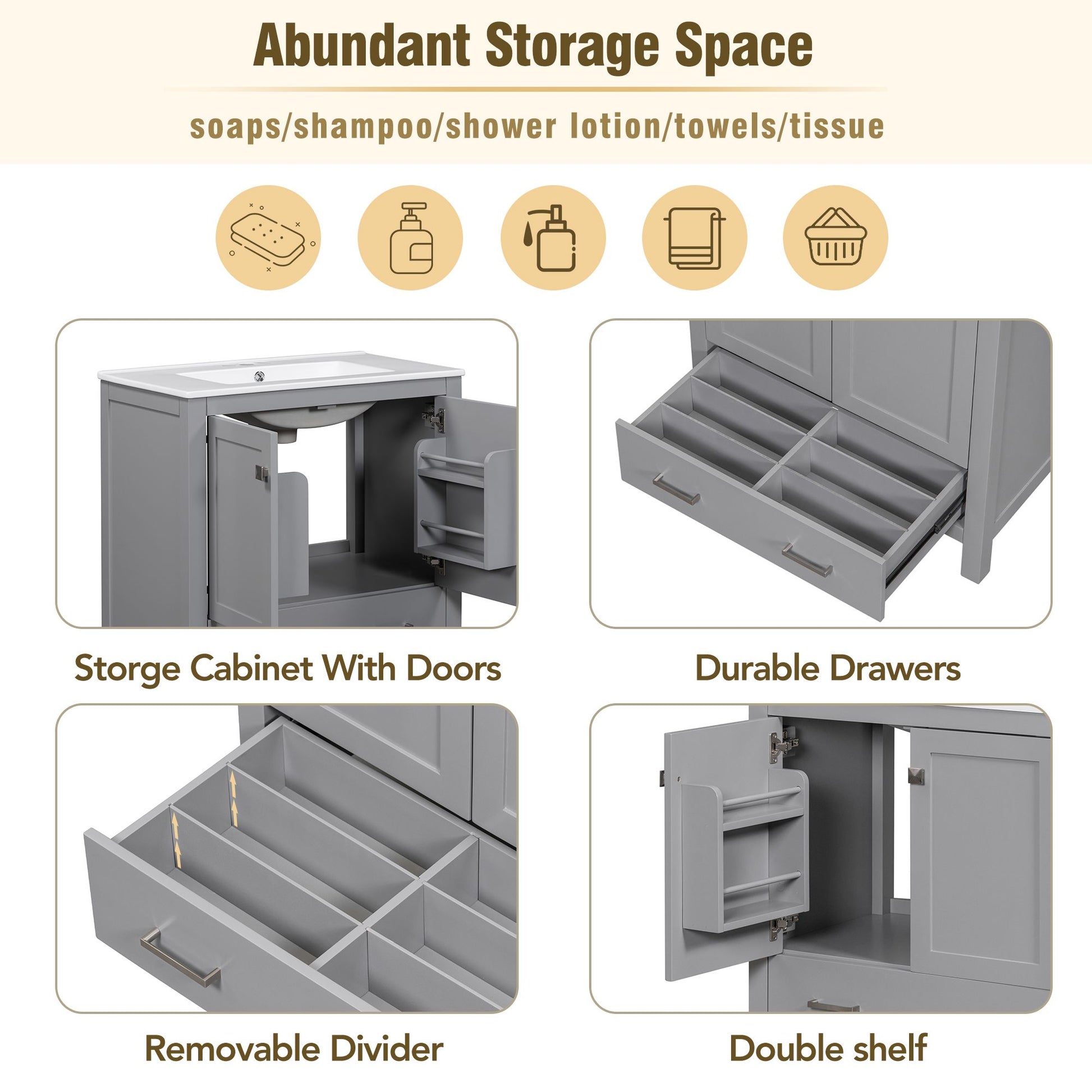 30" Gray Bathroom Vanity with Single Sink, Combo Cabinet Undermount Sink, Bathroom Storage Cabinet with 2 Doors and a Dr image 5