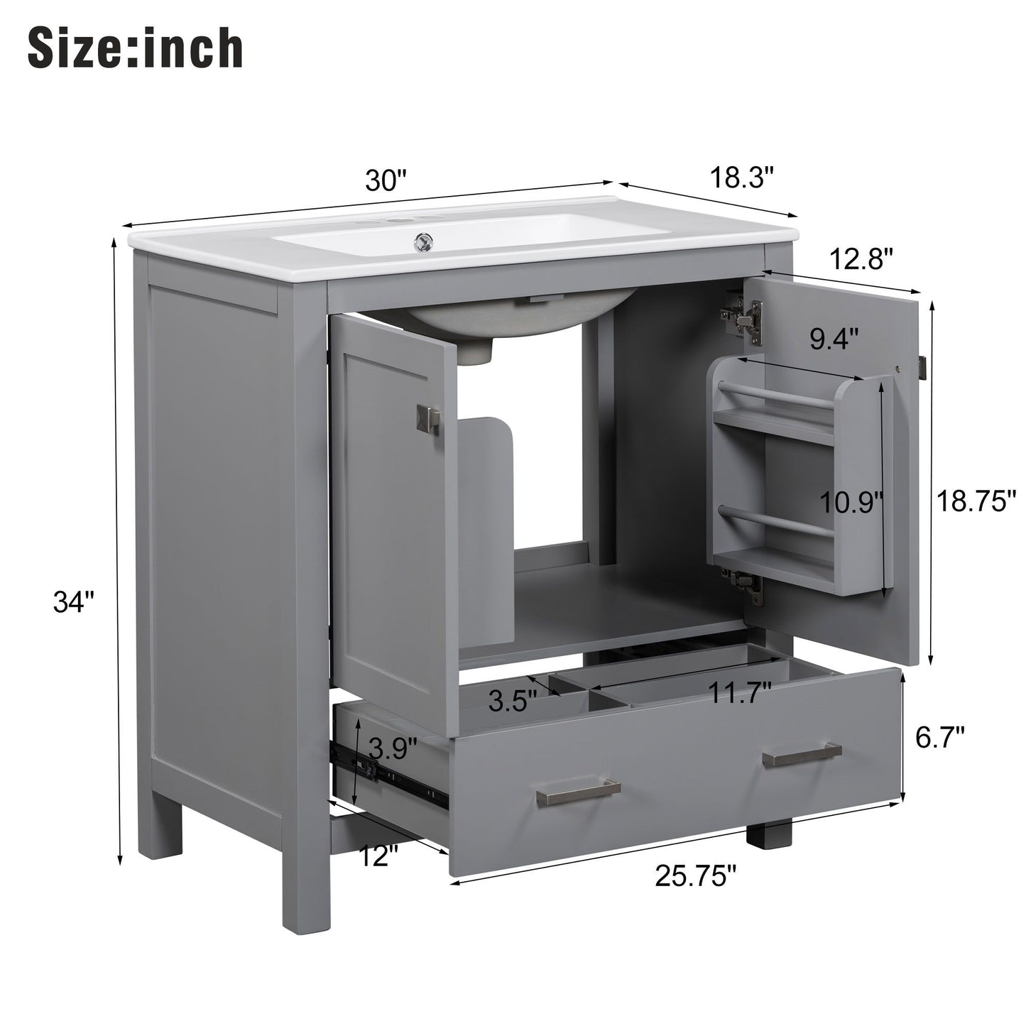 30" Gray Bathroom Vanity with Single Sink, Combo Cabinet Undermount Sink, Bathroom Storage Cabinet with 2 Doors and a Dr image 8