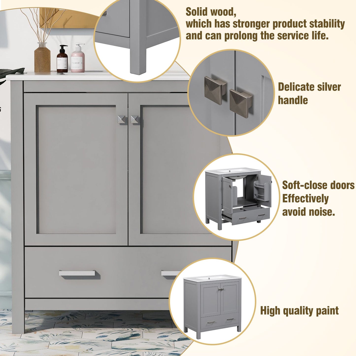 30" Gray Bathroom Vanity with Single Sink, Combo Cabinet Undermount Sink, Bathroom Storage Cabinet with 2 Doors and a Dr image 4