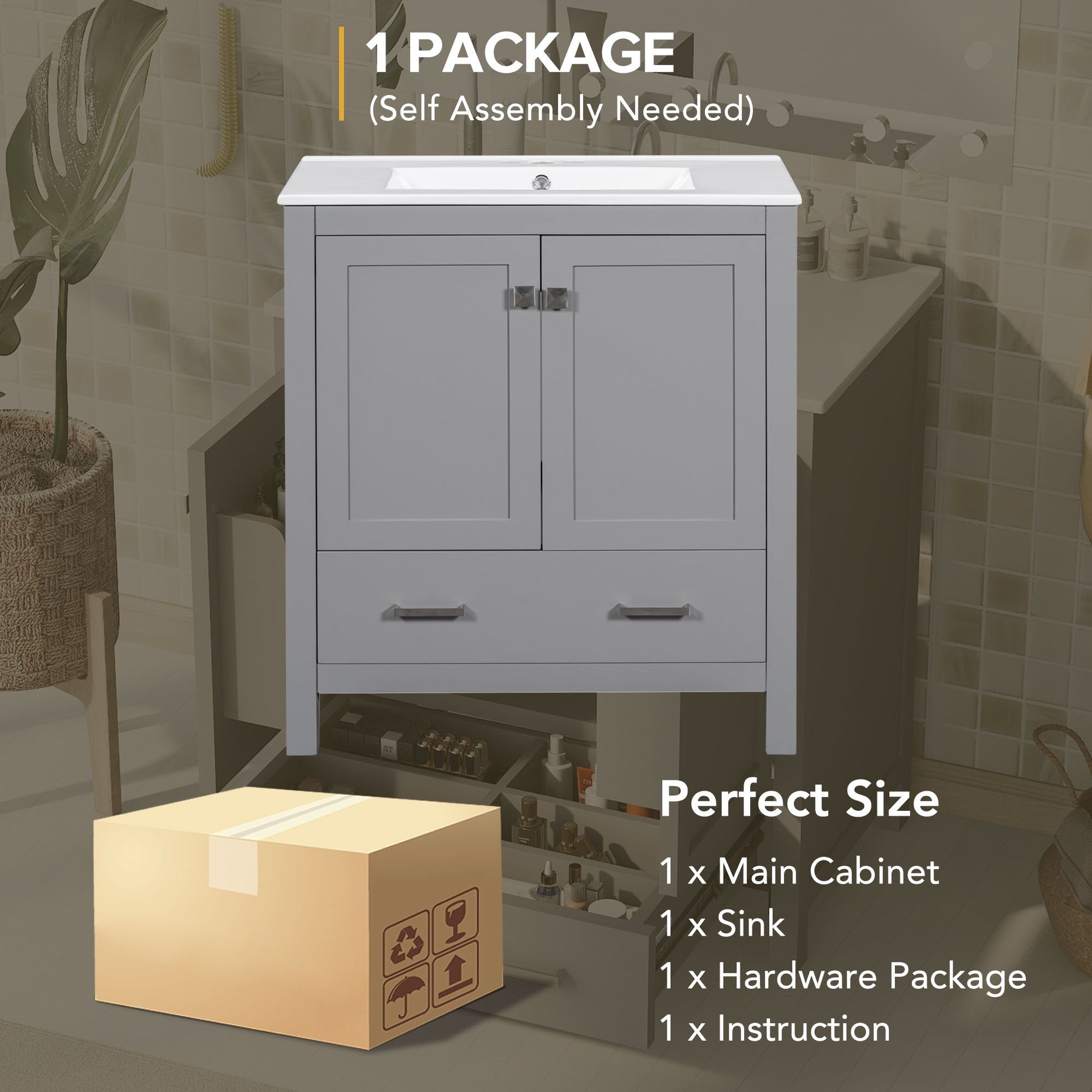 30" Gray Bathroom Vanity with Single Sink, Combo Cabinet Undermount Sink, Bathroom Storage Cabinet with 2 Doors and a Dr image 7