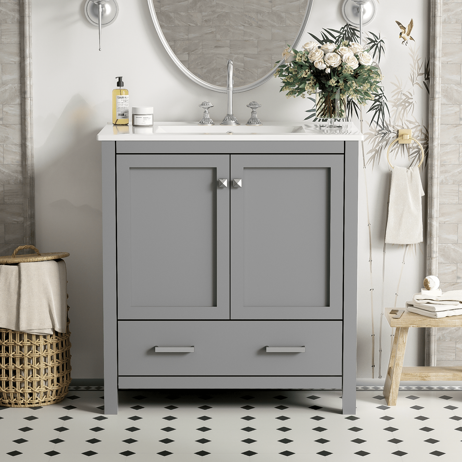 30" Gray Bathroom Vanity with Single Sink, Combo Cabinet Undermount Sink, Bathroom Storage Cabinet with 2 Doors and a Dr image 3
