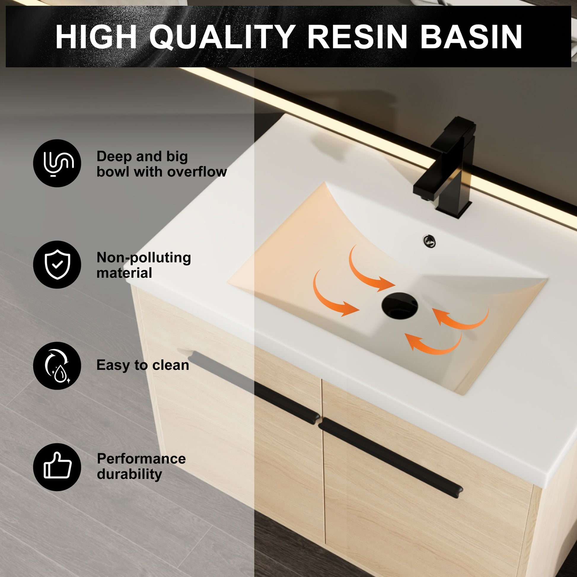 30" Wall Mounted Bathroom Vanity with Resin Basin, Natural Oak Finish, Double Door Plywood Cabinet, Modern Floating Vani image 11