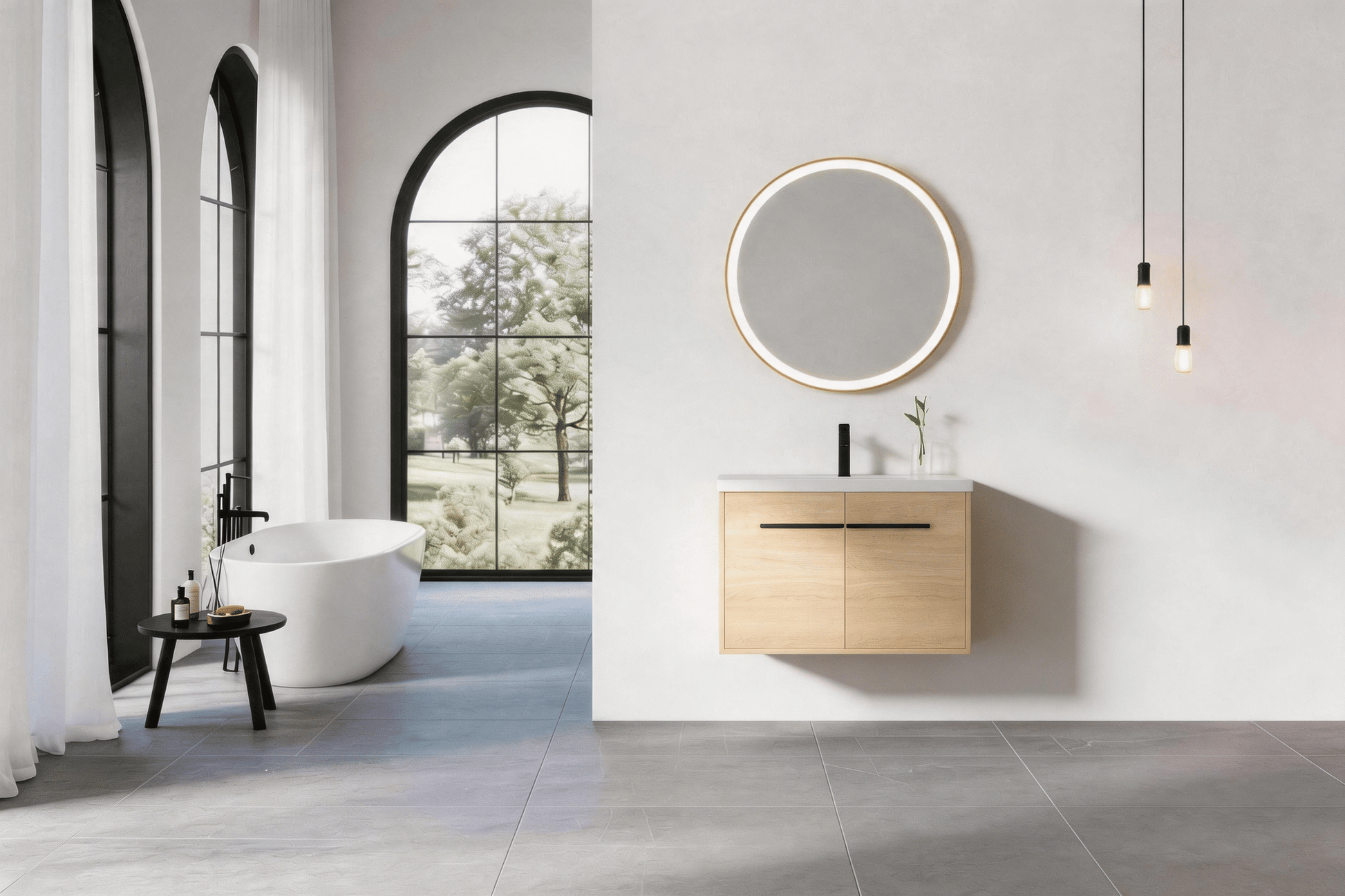 30" Wall Mounted Bathroom Vanity with Resin Basin, Natural Oak Finish, Double Door Plywood Cabinet, Modern Floating Vani image 1