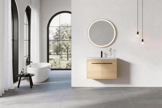 30" Wall Mounted Bathroom Vanity with Resin Basin, Natural Oak Finish, Double Door Plywood Cabinet, Modern Floating Vani image 1