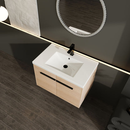 30" Wall Mounted Bathroom Vanity with Resin Basin, Natural Oak Finish, Double Door Plywood Cabinet, Modern Floating Vani image 7