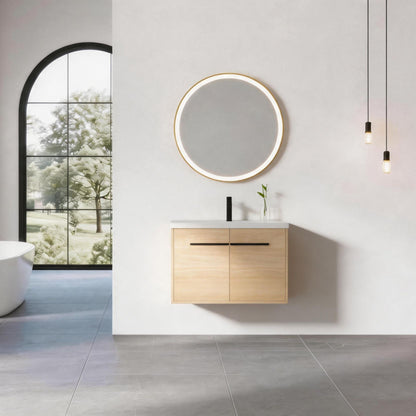 30" Wall Mounted Bathroom Vanity with Resin Basin, Natural Oak Finish, Double Door Plywood Cabinet, Modern Floating Vani image 2