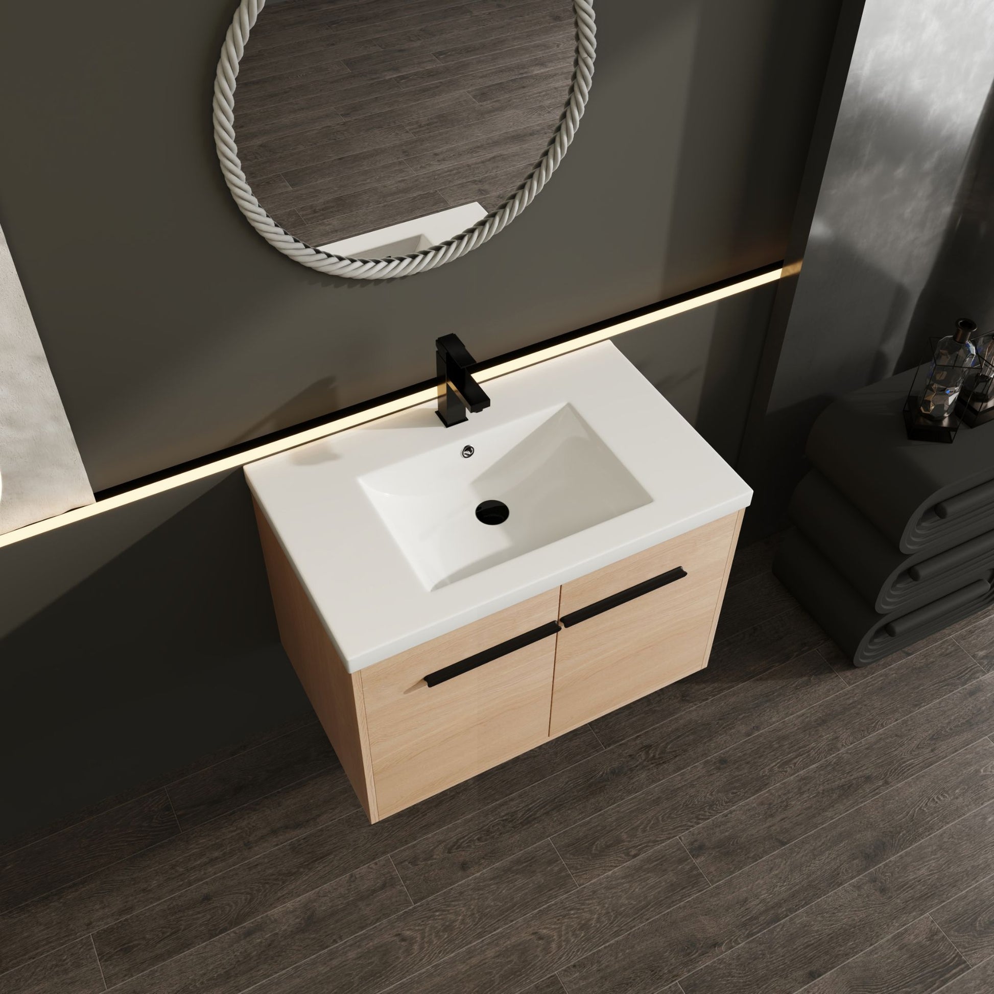30" Wall Mounted Bathroom Vanity with Resin Basin, Natural Oak Finish, Double Door Plywood Cabinet, Modern Floating Vani image 8