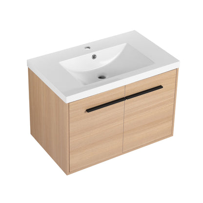 30" Wall Mounted Bathroom Vanity with Resin Basin, Natural Oak Finish, Double Door Plywood Cabinet, Modern Floating Vani image 18
