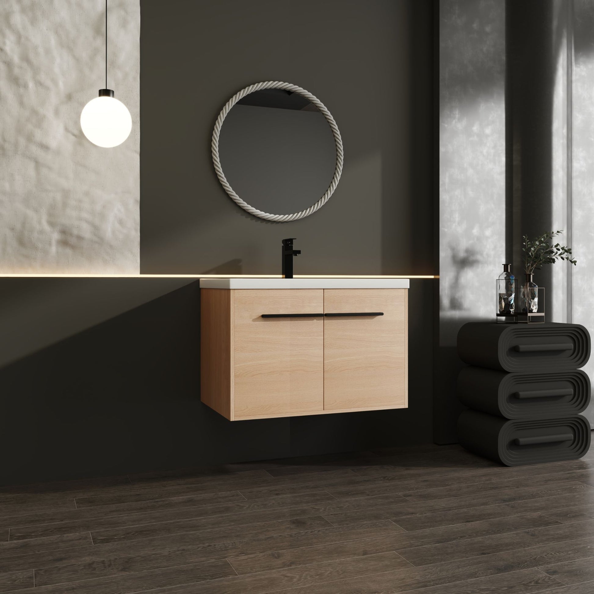 30" Wall Mounted Bathroom Vanity with Resin Basin, Natural Oak Finish, Double Door Plywood Cabinet, Modern Floating Vani image 6